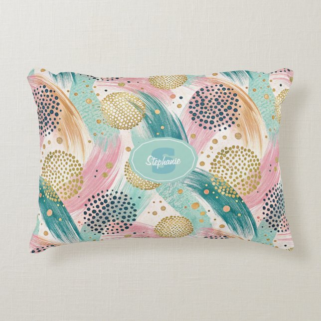 Abstract Brushstroke & Dot Pattern - Gold Accents Accent Pillow (Front)