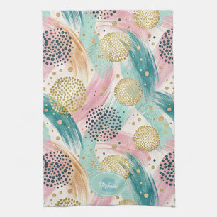 Abstract Brushstroke & Dot Pattern - Gold Accents Kitchen Towel