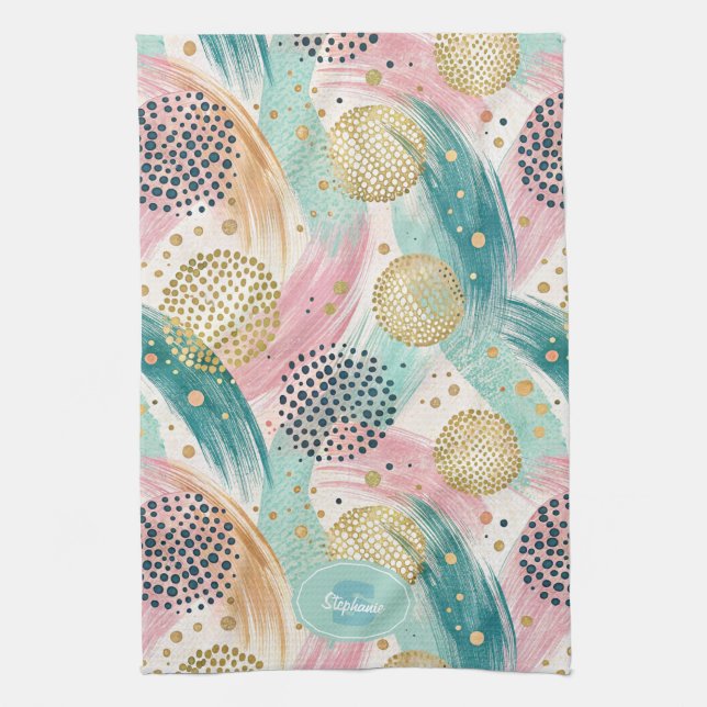 Abstract Brushstroke & Dot Pattern - Gold Accents Kitchen Towel (Vertical)