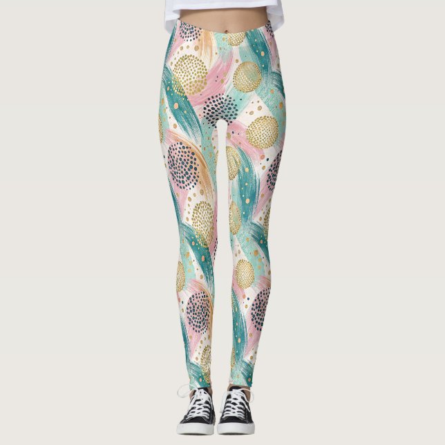 Abstract Brushstroke & Dot Pattern - Gold Accents Leggings (Front)