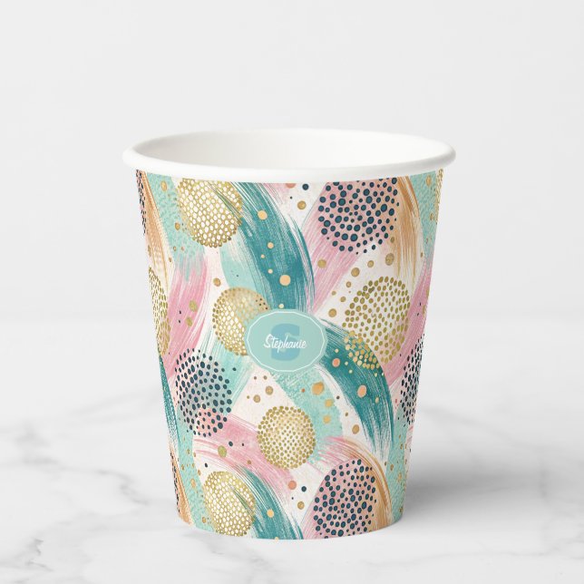 Abstract Brushstroke & Dot Pattern - Gold Accents Paper Cups (Front)