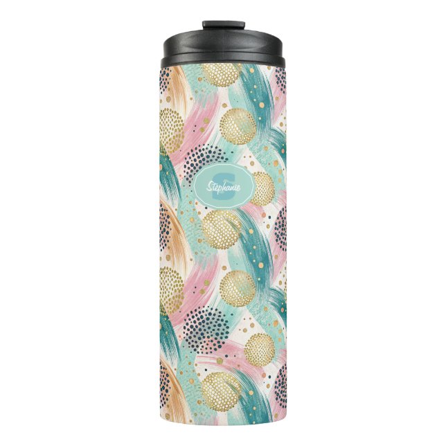 Abstract Brushstroke & Dot Pattern - Gold Accents Thermal Tumbler (Front)