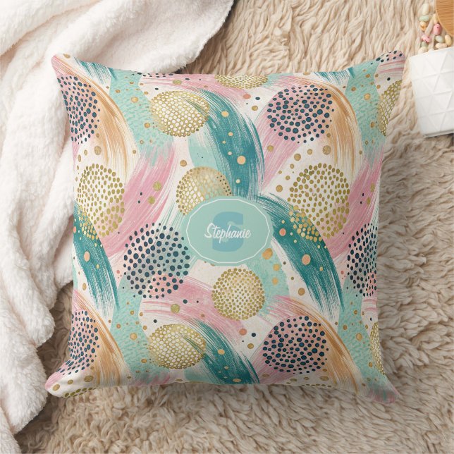 Abstract Brushstroke & Dot Pattern - Gold Accents Throw Pillow (Blanket)