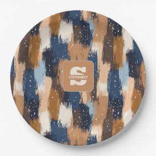 Abstract Brushstrokes in Blue, White & Brown (2) Paper Plate