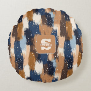 Abstract Brushstrokes in Blue, White & Brown (2) Round Pillow