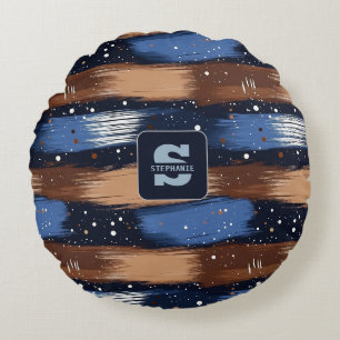 Abstract Brushstrokes in Blue, White & Brown (3) Round Pillow