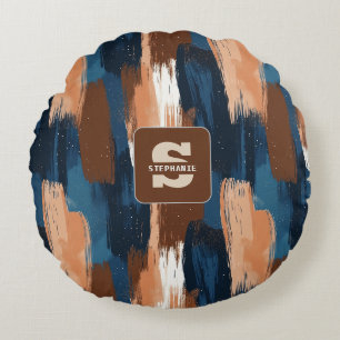 Abstract Brushstrokes in Blue, White & Brown Round Pillow