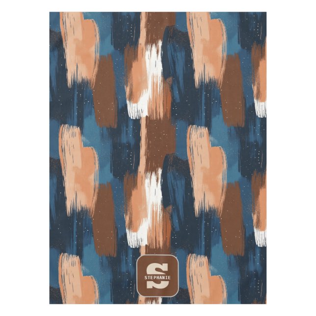 Abstract Brushstrokes in Blue, White & Brown Tablecloth (Front)