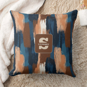 Abstract Brushstrokes in Blue, White & Brown Throw Pillow