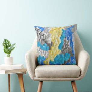 Abstract Brushstrokes in Yellow, Blue, and Grey Throw Pillow