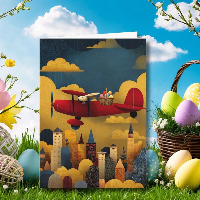 Abstract Bunny Flies Airplane Clouds Custom Easter Card (Creator Uploaded)