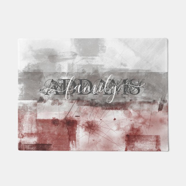 Abstract Burgundy Grey White Family monogram Doormat (Front)