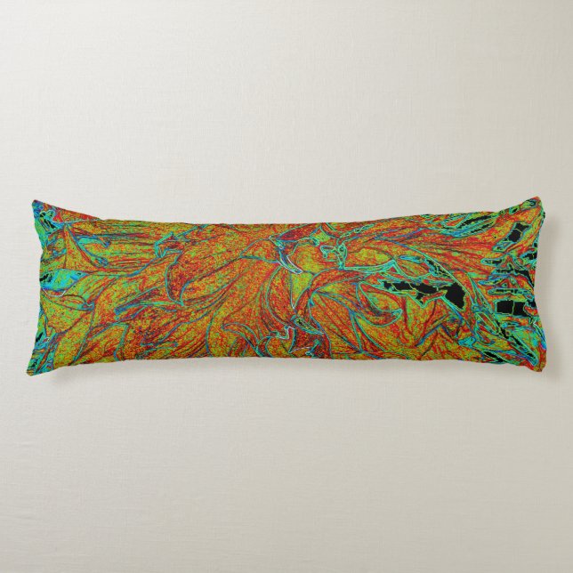 Abstract Burnt Orange and Green Dahlia Bloom Body Pillow (Front)