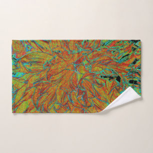 Abstract Burnt Orange and Green Dahlia Bloom Hand Towel