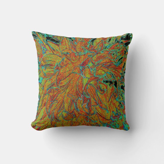 Abstract Burnt Orange and Green Dahlia Bloom Throw Pillow (Front)