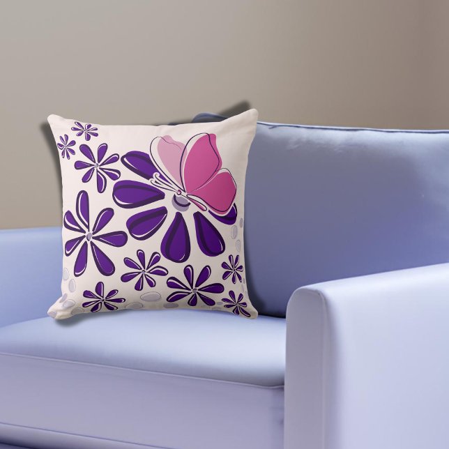 Abstract Butterfly and Blossom Pink and Purple Art Throw Pillow (Abstract Butterfly and Blossom Pink and Purple Art Throw Pillow)