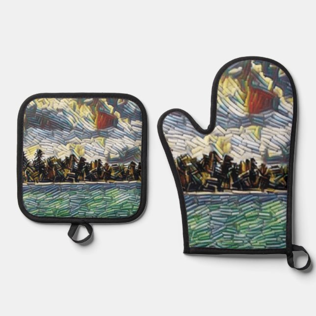 Abstract Caribbean Beach Brick Art Oven Mitt & Pot Holder Set (Front)