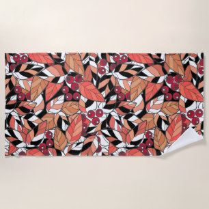 Abstract cartoon leaves berries black beach towel