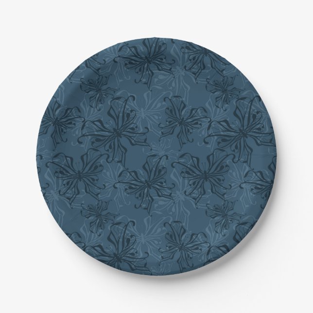 Abstract cartoon ornamental butterfly navy black m paper plate (Front)