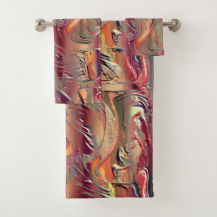 Abstract carved in salmon and red gradient bath towel set