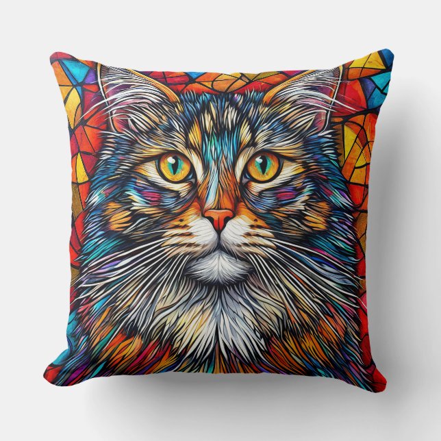 Abstract Cat Illustration Throw Pillow (Front)