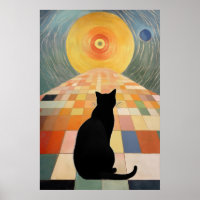 Abstract Cat Painting - Black Cat and Sun