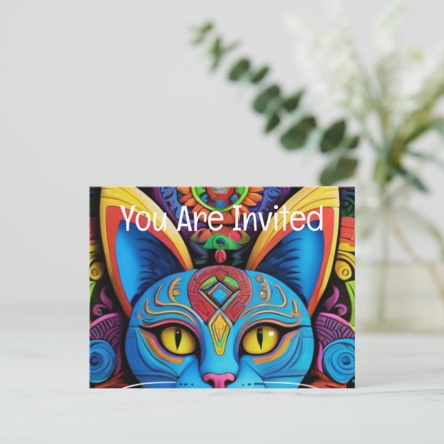 Abstract Cat with Yellow Eyes  Invitation Postcard (Standing Front)