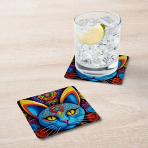 Abstract Cat with Yellow Eyes Square Paper Coaster