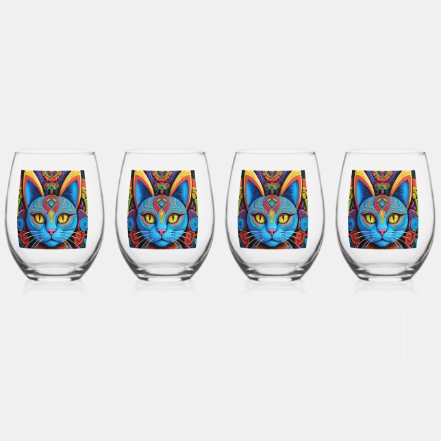 Abstract Cat with Yellow Eyes     Stemless Wine Glass (Front)