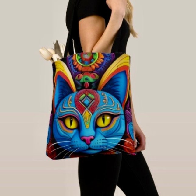 Abstract Cat With Yellow Eyes Tote Bag (Tote Bag — 100% polyester, black laminated lining 100% cotton web hand. Made in the USA.
)