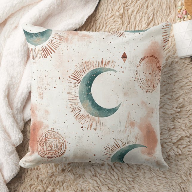 Abstract Celestial Crescent Moons Terracotta Throw Pillow (Blanket)