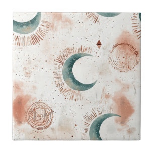 Abstract Celestial Crescent Moons Terracotta Tile