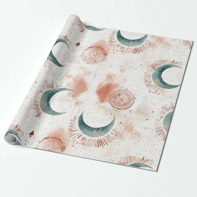 Abstract Celestial Crescent Moons Terracotta Wrapping Paper (Unrolled)