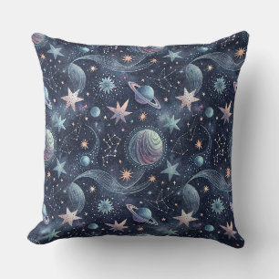 Abstract Celestial Planets & Stars Space Pattern Throw Pillow