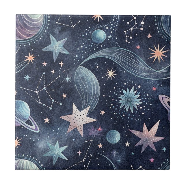 Abstract Celestial Planets & Stars Space Pattern Tile (Front)