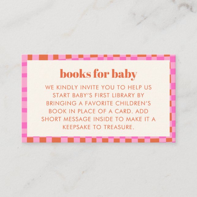 Abstract Check Pink Orange Baby Shower Books  Enclosure Card (Front)