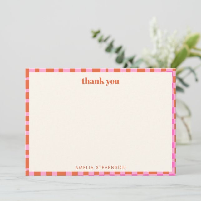 Abstract Checker Pink Orange Custom Baby Shower Thank You Card (Standing Front)