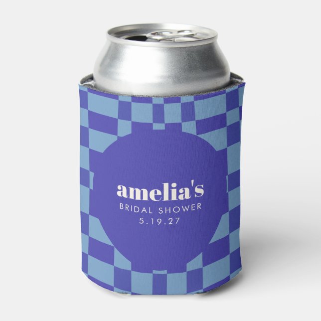 Abstract Chequerboard Blue Custom Bridal Shower Can Cooler (Can Front)