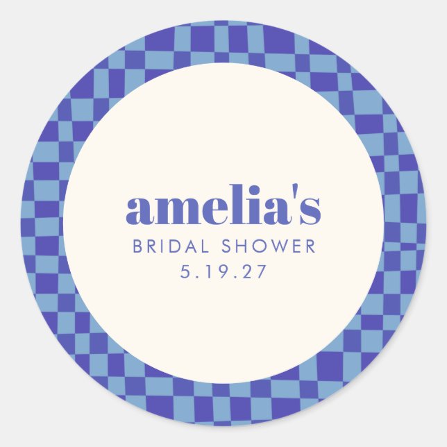 Abstract Chequerboard Blue Custom Bridal Shower Classic Round Sticker (Front)
