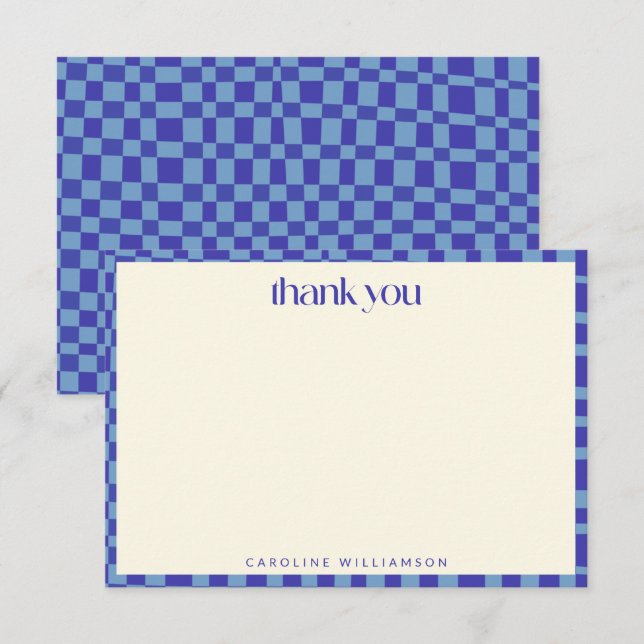 Abstract Chequerboard Blue Personalized Name Thank You Card (Front/Back)