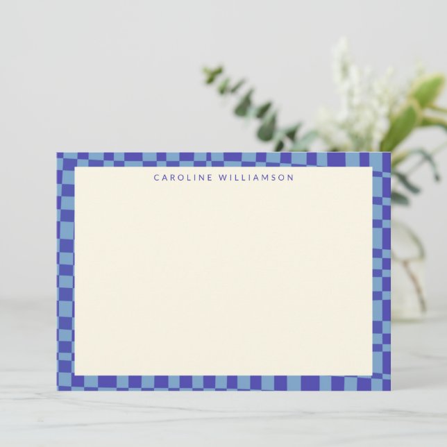 Abstract Chequerboard Blue Personalized Stationery Card (Standing Front)