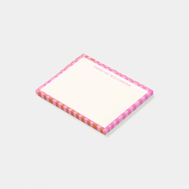Abstract Chequerboard Pink Orange Custom Name Post-it Notes (Angled)