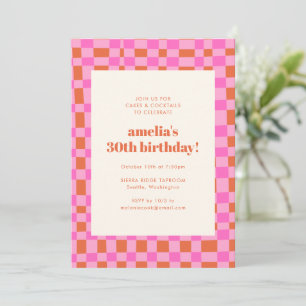 Abstract Chequered Art Pink Orange 30th Birthday Invitation