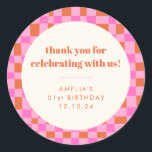 Abstract Chequered Pink Custom 21st Birthday Thank Classic Round Sticker<br><div class="desc">Abstract Chequered Art Pink Orange Custom 21st Birthday Thank You Classic Round Sticker</div>
