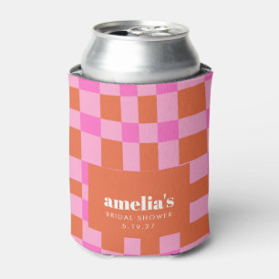 Abstract Chequered Pink Orange Custom Bridal Showe Can Cooler