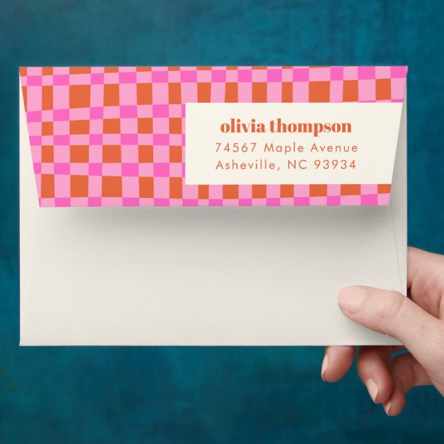 Abstract Chequered Pink Orange Shower Return Addre Envelope (Hand)