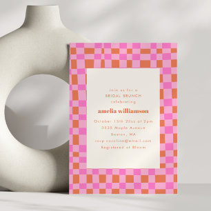 Abstract Chequered Retro Pink Orange Bridal Brunch Invitation