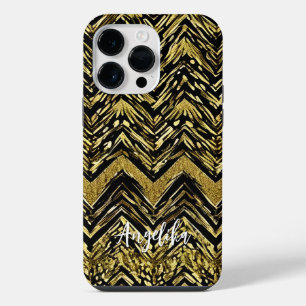 Abstract Chevron Gold and Black Personalized Name iPhone 14 Pro Max Case