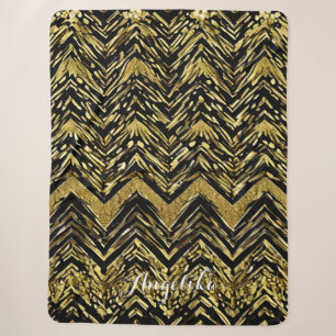 Abstract Chevron Gold and Black Personalized Name Sherpa Blanket