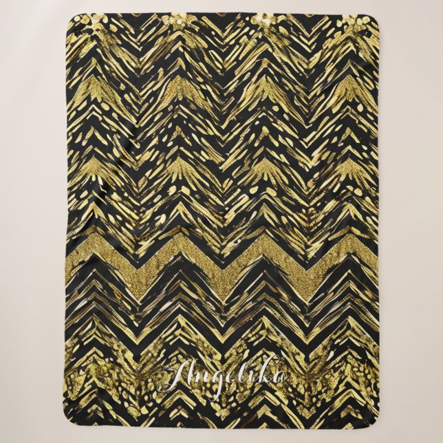 Abstract Chevron Gold and Black Personalized Name Sherpa Blanket (Front)